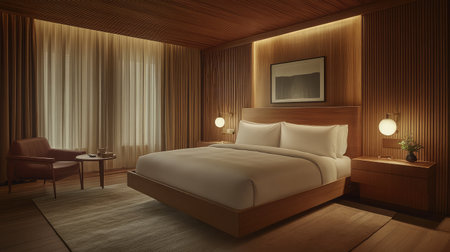 A modern hotel suite showcasing a minimalist design with a king-sized bed, sleek wooden furnishings, and ambient recessed lighting creating a serene atmosphere.の素材