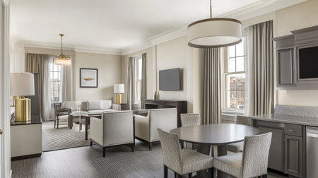 A spacious hotel suite with a separate dining area, modern kitchenette, and large windows allowing natural light to illuminate the neutral-toned decor.の素材