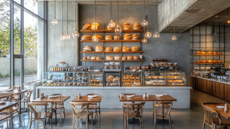 A modern hotel caf with industrial-chic design, communal tables, and a display of freshly baked goods.の素材