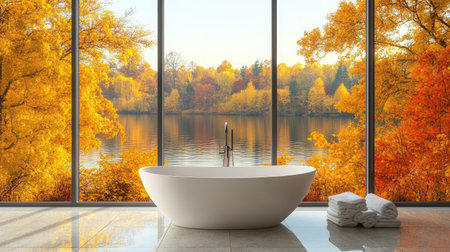 A luxurious bathroom with a freestanding tub positioned before a floor-to-ceiling window, offering a serene lake view surrounded by autumn foliage.の素材
