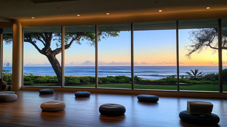 A serene yoga studio with floor-to-ceiling windows facing a tranquil beach at sunrise, minimalist decor, and soft natural lighting.の素材