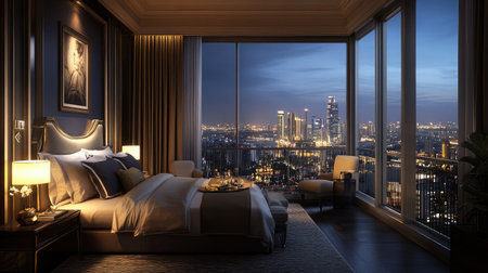 A luxurious hotel suite with a private balcony overlooking a bustling cityscape, elegant furnishings, and soft ambient lighting.の素材