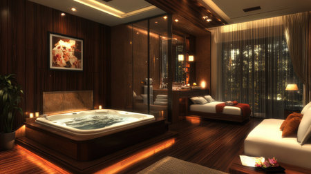A luxurious hotel suite featuring a private in-room spa area with a bathtub tub, ambient lighting, and plush seating for ultimate relaxation.の素材