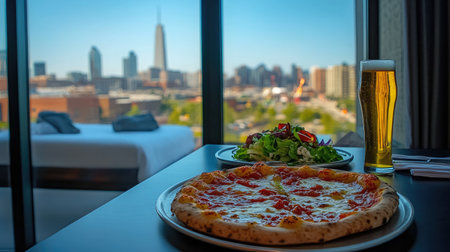 A modern suite overlooking the city skyline, showcasing a room service tray with a gourmet pizza, salad, and a cold beer.の素材