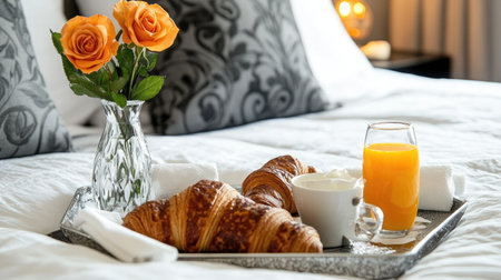 A luxurious hotel room with a neatly arranged breakfast tray on the bed, featuring fresh croissants, orange juice, and a vase with a single rose.の素材