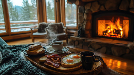 A rustic lodge room with a hearty breakfast of eggs, bacon, toast, and coffee, served on a wooden tray beside a roaring fireplace.の素材