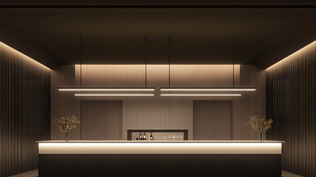 A minimalist hotel bar with clean lines, monochrome color scheme, and a sleek counter illuminated by pendant lights.の素材