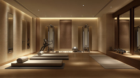 A modern hotel gym with a dedicated stretching area, complete with mats, foam rollers, and a tranquil ambiance.の素材