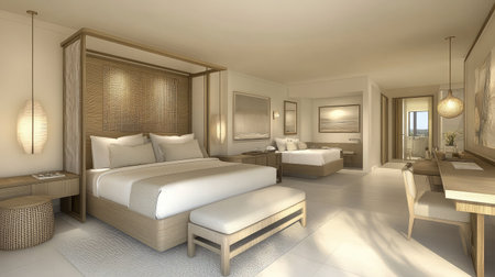 A sleek hotel suite showcasing a minimalist design with neutral tones, clean lines, and a focus on functionality and comfort.の素材