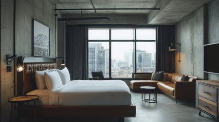 A modern hotel suite with an industrial aesthetic, highlighting concrete walls, metal furnishings, and large windows offering urban skyline views.の素材