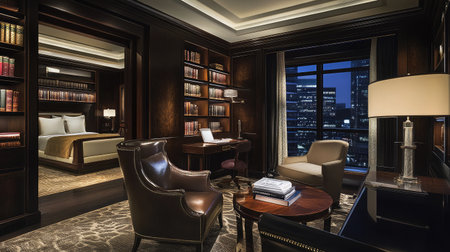 A luxurious hotel suite featuring a private library, rich wood paneling, and leather-bound books, creating a sophisticated retreat.の素材