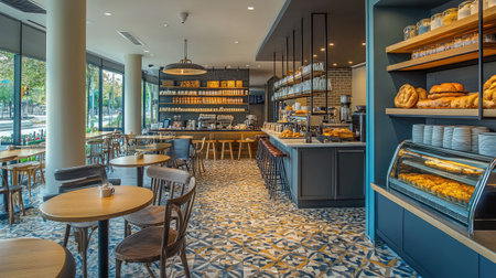 A modern hotel caf with industrial-chic design, communal tables, and a display of freshly baked goods.の素材