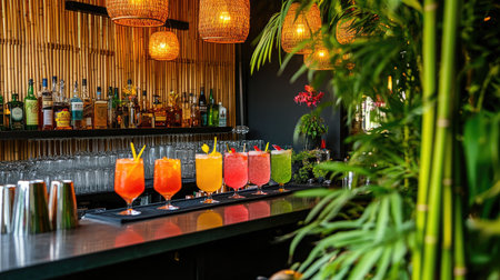A tropical-themed hotel poolside bar with bamboo accents, colorful cocktails displayed, and lush greenery surrounding the area.の素材