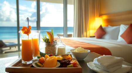 A serene beachfront room featuring a breakfast tray with tropical fruit platter, yogurt, granola, and freshly squeezed juice.の素材