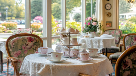 A serene hotel tea room adorned with pastel colors, delicate china, and large windows overlooking a blooming garden.の素材