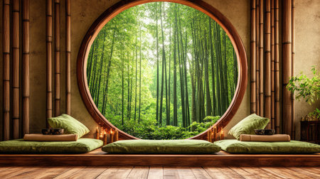 A serene meditation room with a large circular window framing a peaceful bamboo forest, decorated with cushions and incense holders.の素材