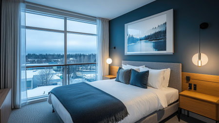 A sleek hotel suite showcasing modern art pieces, minimalist furniture, and a private balcony with a glass railing overlooking the cityscape.の素材