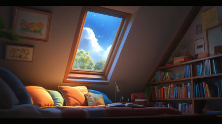 A quaint attic reading nook with a skylight window offering views of a starlit sky, filled with plush cushions and shelves of books.の素材
