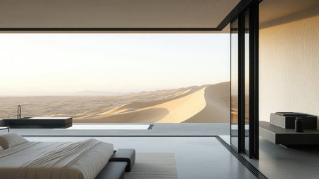 A minimalist bedroom in a desert villa, with sliding glass doors revealing a vast expanse of sand dunes under a clear sky.の素材