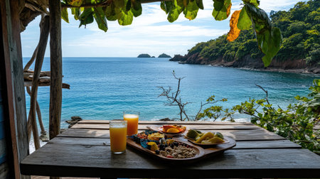 A serene beachfront room featuring a breakfast tray with tropical fruit platter, yogurt, granola, and freshly squeezed juice.の素材