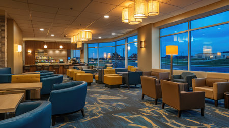 A stylish hotel lounge with comfortable seating, ambient lighting, and large windows offering views of the city skyline.の素材