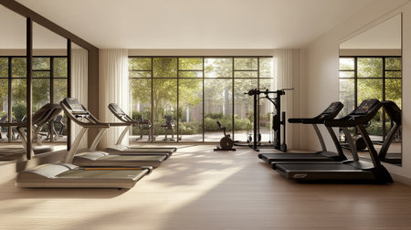 A spacious hotel fitness center with large windows, modern exercise equipment, and natural light illuminating the workout area.の素材