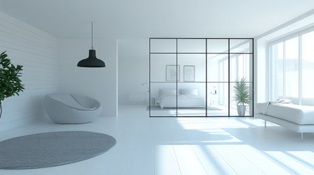 A modern hotel suite with an open-concept layout, featuring a glass partition separating the bedroom from the living area, and contemporary furnishings.の素材