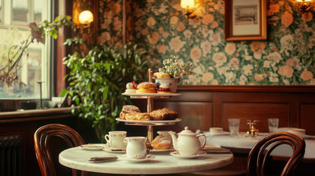 A vintage-style hotel room featuring an afternoon tea setup with a tiered stand of pastries, finger sandwiches, and a pot of Earl Grey.の素材