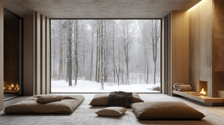 A minimalist studio apartment with a large window overlooking a tranquil forest, featuring simple furnishings and neutral color palette.の素材