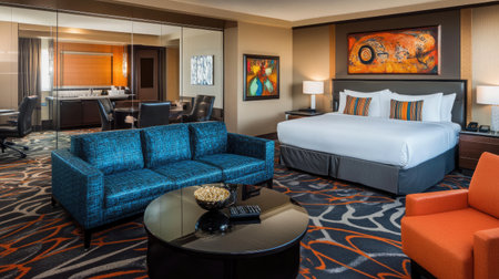 A modern hotel suite with an open-concept layout, featuring a glass partition separating the bedroom from the living area, and contemporary furnishings.の素材