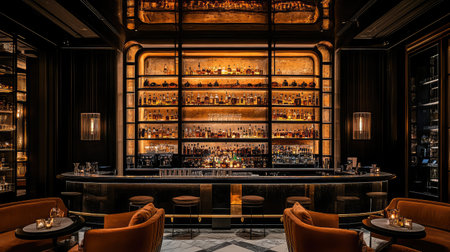 A luxurious hotel bar with plush velvet seating, ambient lighting, and a well-stocked backlit bar showcasing premium spirits.の素材