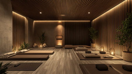 A modern hotel gym with a dedicated stretching area, complete with mats, foam rollers, and a tranquil ambiance.の素材