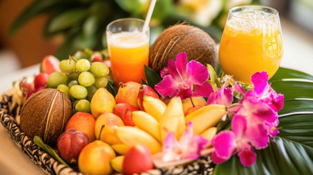 A tropical-themed suite showcasing a room service tray with exotic fruits, a coconut drink, and a vibrant flower arrangement.の素材