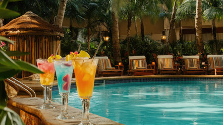 A tropical-themed hotel poolside bar with bamboo accents, colorful cocktails displayed, and lush greenery surrounding the area.の素材
