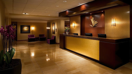 A luxurious hotel reception featuring a gold-accented front desk, complemented by plush velvet seating and ambient wall sconces.の素材