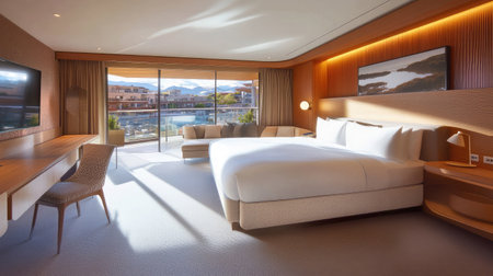 A sleek hotel suite showcasing modern art pieces, minimalist furniture, and a private balcony with a glass railing overlooking the cityscape.の素材