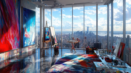 A modern art studio with floor-to-ceiling windows offering a cityscape view, filled with canvases, easels, and vibrant paint supplies.の素材