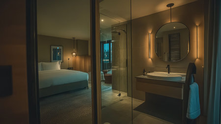 A sleek hotel suite showcasing a monochromatic color scheme, floor-to-ceiling mirrors, and a glass-enclosed bathroom with a rain shower and designer fixtures.の素材