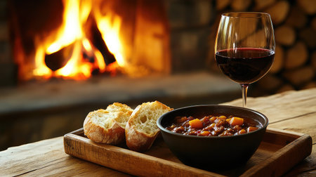 A rustic cabin room featuring a hearty stew, crusty bread, and a glass of red wine on a wooden tray beside a stone fireplace.の素材