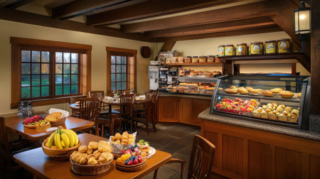 A rustic hotel breakfast room featuring wooden tables, exposed beams, and a spread of fresh fruits and pastries.の素材
