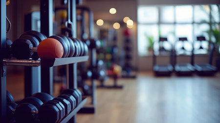 A well-equipped hotel gym with a variety of dumbbells, kettlebells, and resistance bands neatly arranged on racks.の素材