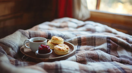 A serene mountain cabin room with a tray of hot tea, scones, and jam, placed on a plaid blanket-covered bed.の素材