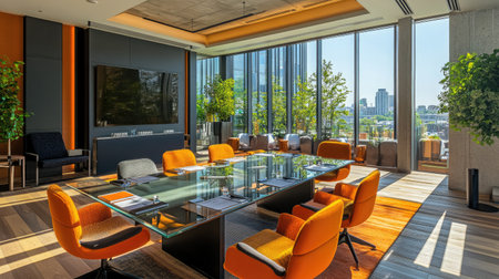 A bright and airy meeting room with a glass-top table, colorful seating, and floor-to-ceiling windows.の素材