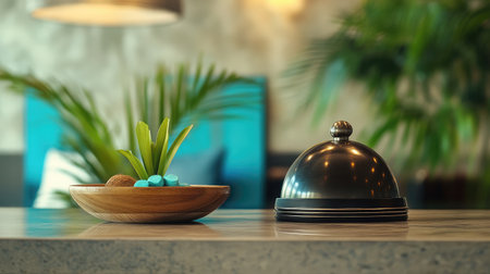 An inviting concierge area featuring a wooden desk, a service bell, and a bowl of complimentary mints for guests.の素材