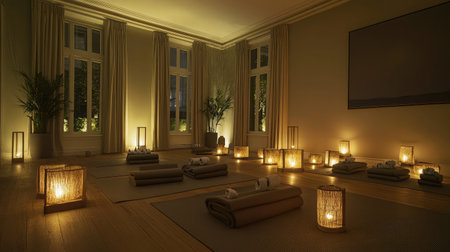 A serene hotel yoga room with soft lighting, hardwood floors, and neatly stacked mats and props ready for use.の素材