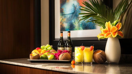 A tropical-themed suite showcasing a room service tray with exotic fruits, a coconut drink, and a vibrant flower arrangement.の素材