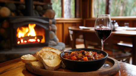 A rustic cabin room featuring a hearty stew, crusty bread, and a glass of red wine on a wooden tray beside a stone fireplace.の素材