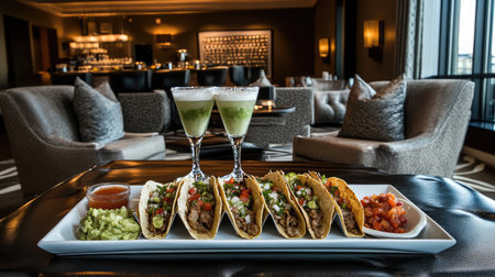 A stylish urban hotel room with a room service tray of gourmet tacos, salsa, guacamole, and a margarita on a sleek coffee table.の素材