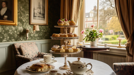 A vintage-style hotel room featuring an afternoon tea setup with a tiered stand of pastries, finger sandwiches, and a pot of Earl Grey.の素材