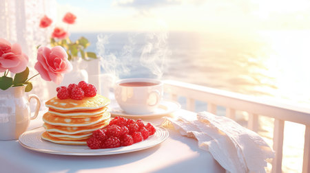 A sunlit room with a balcony overlooking the ocean, showcasing a breakfast setup with pancakes, fresh berries, and steaming coffee.の素材